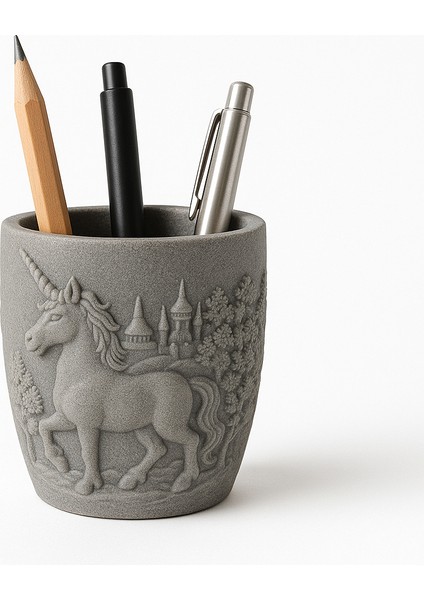 Unicorn Kabartmalı Epoksi Kalemlik - Gümüş Rengi El Yapımı Dekoratif Kutu ve Masaüstü Organizer