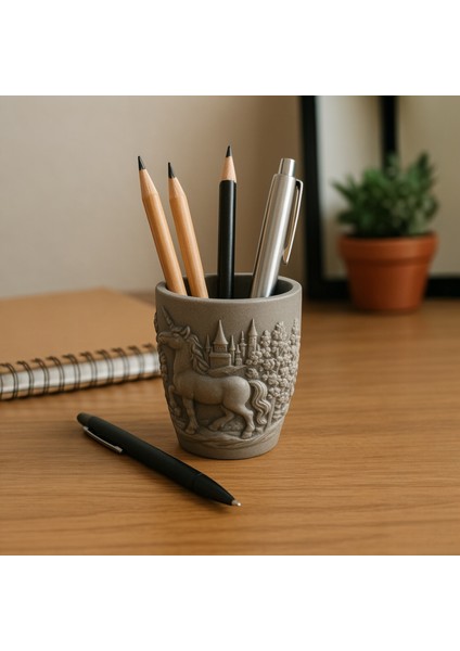 Unicorn Kabartmalı Epoksi Kalemlik - Gümüş Rengi El Yapımı Dekoratif Kutu ve Masaüstü Organizer modelleri