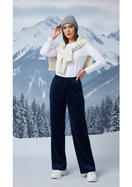 Kadın Fransız Kadife Beli Lastikli Cepli Bol Kesim Eşofman Altı