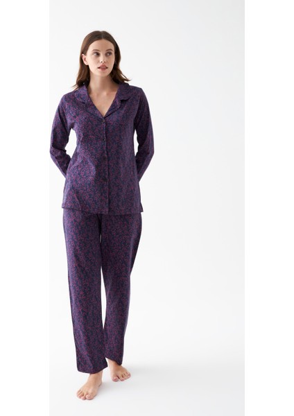 Kadın Lacivert Düğmeli Yaka Detaylı Desenli Pamuklu Pijama Takımı
