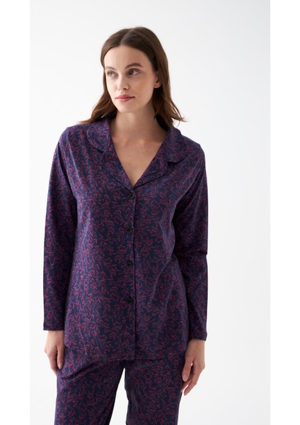 Kadın Lacivert Düğmeli Yaka Detaylı Desenli Pamuklu Pijama Takımı fiyatları