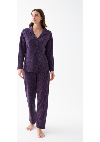 Kadın Lacivert Düğmeli Yaka Detaylı Desenli Pamuklu Pijama Takımı fırsatları