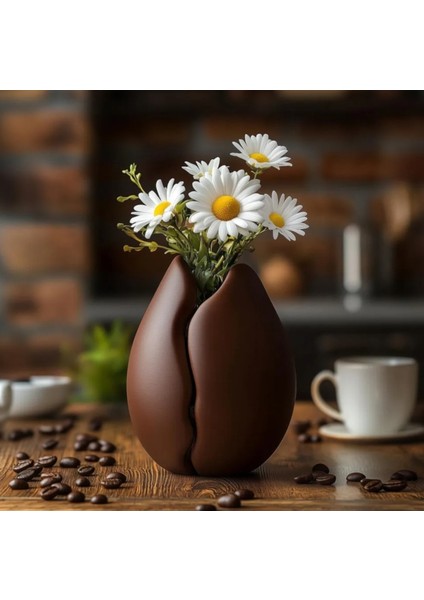 Kahve Çekirdeği Şeklinde Pla Çiçek Vazo - Modern Dekoratif Tasarım 20 cm 3D Yazıcı ile Üretilmiş