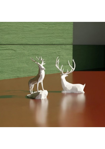 Geometrik Geyik Figür Seti – 2'li | 20 cm | 3D Yazıcı Baskı | Pla Malzeme