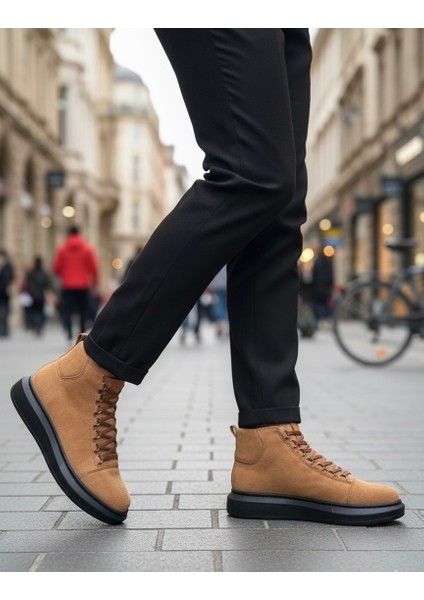 Bağcıklı Erkek Sneaker Bot Taba Süet (Siyah Taban)