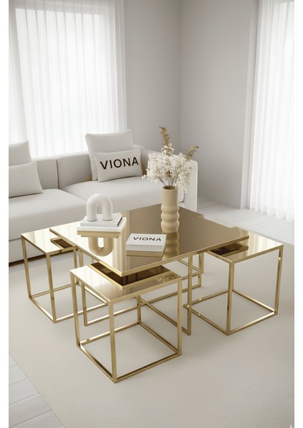 Almila 5'li Gold Kaplama Bronz Aynalı Orta Sehpa & Zigon Sehpa & Yan Sehpa & Bohem Sehpa Takımı