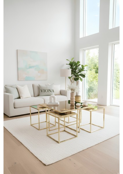 Almila 5'li Gold Kaplama Bronz Aynalı Orta Sehpa & Zigon Sehpa & Yan Sehpa & Bohem Sehpa Takımı fiyatları