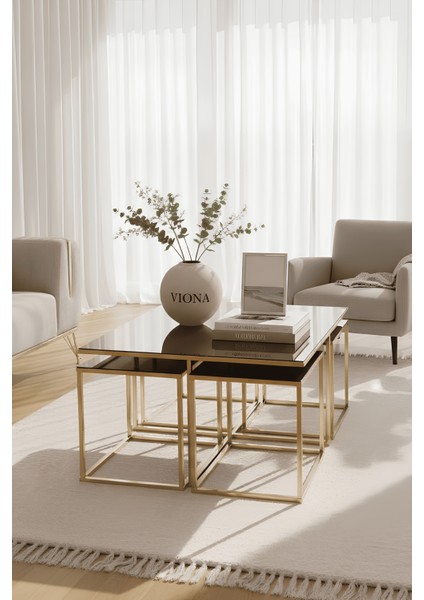 Almila 5'li Gold Kaplama Bronz Aynalı Orta Sehpa & Zigon Sehpa & Yan Sehpa & Bohem Sehpa Takımı modelleri