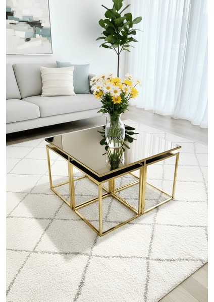 Almila 5'li Gold Kaplama Bronz Aynalı Orta Sehpa & Zigon Sehpa & Yan Sehpa & Bohem Sehpa Takımı fırsatları