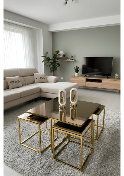 Almila 5'li Gold Kaplama Bronz Aynalı Orta Sehpa & Zigon Sehpa & Yan Sehpa & Bohem Sehpa Takımı