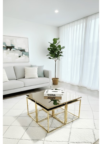 Almila 5'li Gold Kaplama Bronz Aynalı Orta Sehpa & Zigon Sehpa & Yan Sehpa & Bohem Sehpa Takımı