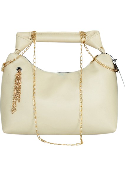 Zincir Askılı Deri Çanta-Krem