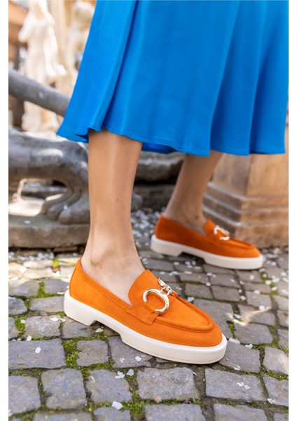 Granda Kadın Orange Gercek Suet Loafer Ayakkabi