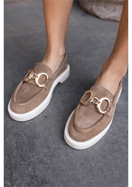 Granda Kadın Nude Gercek Deri Suet Loafer Ayakkabi