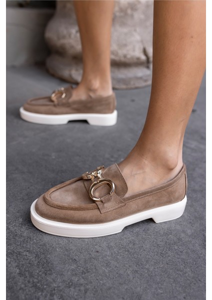 Granda Kadın Nude Gercek Deri Suet Loafer Ayakkabi