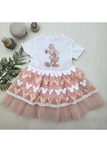1-2-3 Yaş Payetli Mickey Baskılı Brode Etekli Kız Bebek Elbisesi Pudra