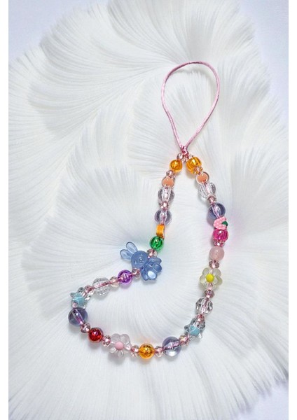 Mat Şeffaf Tavşan ve Pembe Kuvars Doğal Taş Boncuklu Telefon Charmı