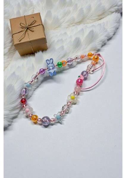 Mat Şeffaf Tavşan ve Pembe Kuvars Doğal Taş Boncuklu Telefon Charmı modelleri