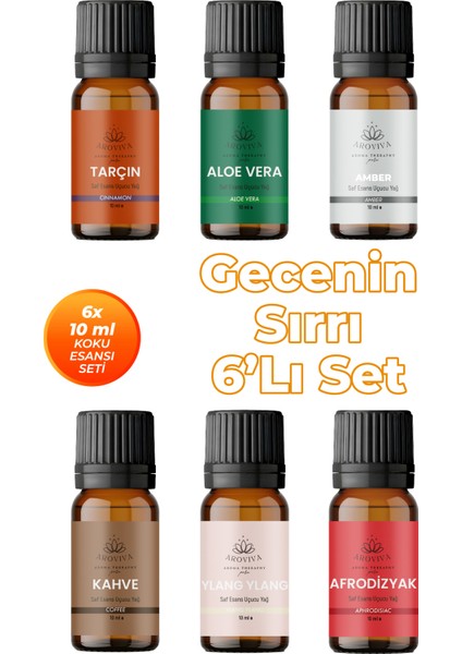 Gecenin Sırrı Oda Kokusu 6'lı Set- Doğal Esansiyel Uçucu Yağ, Difüzör Esansı, Buhurdanlık Yağı