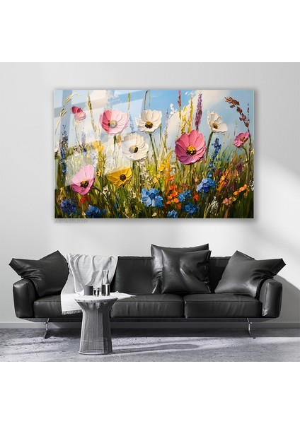 Cam Yatay Duvar Tablosu Cam Firca Darbeleri Cicekler2 Ev Ofis Salon Modern Duvar Tablosu