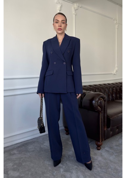 Düğme Detay Blazer Marka Takım- Lacivert