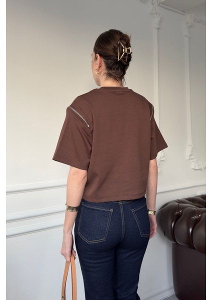 Fermuarlı Vatkalı Tshirt- Kahverengi