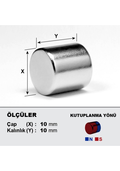 [2 Adet] Neodyum Mıknatıs Çap: 10MM Kalınlık: 10MM [D10X10] Ndfeb Güçlü Mıknatıs – Yuvarlak [N019]