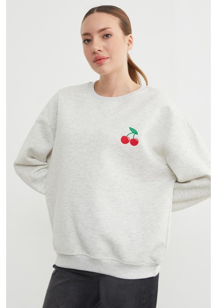 3 Iplik Kiraz Baskılı Oversize Sweatshirt