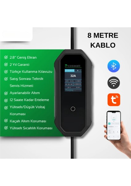 Coswatt Elektrikli Araç Taşınabilir Şarj Istasyonu 7 Kw 32A Tip-2 3X32A Türkçe Menü(8 Metre Kablolu) Yerli Üretim