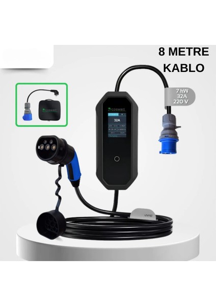 Coswatt Elektrikli Araç Taşınabilir Şarj Istasyonu 7 Kw 32A Tip-2 3X32A Türkçe Menü(8 Metre Kablolu) Yerli Üretim modelleri