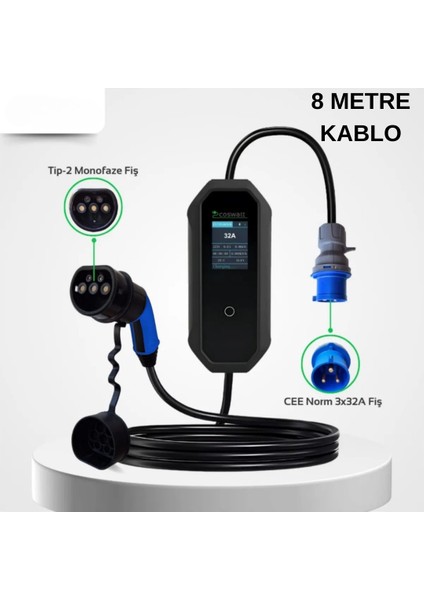 Coswatt Elektrikli Araç Taşınabilir Şarj Istasyonu 7 Kw 32A Tip-2 3X32A Türkçe Menü(8 Metre Kablolu) Yerli Üretim fırsatları