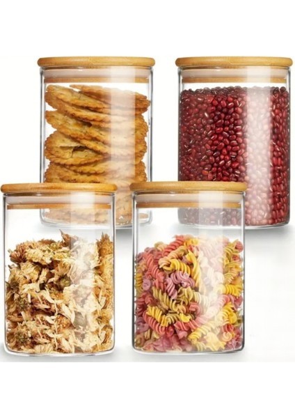 1000 cc (4'lü Set) Borosilkat Cam Baharatlık - Bambu Kapaklı - Saklama Kabı - (9cm x 14 Cm)
