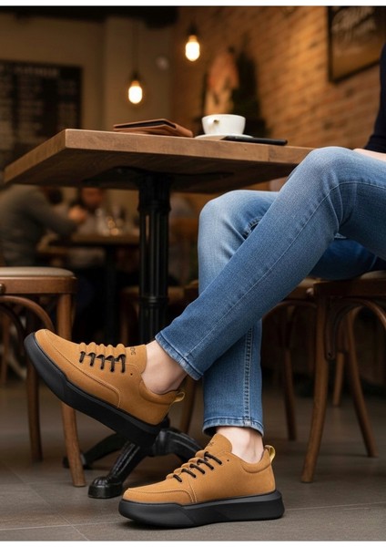 ET0332 Merdiven Desen Bağcıklı Erkek Yüksek Taban Taba Süet Siyah Taban Spor Ayakkabı modelleri