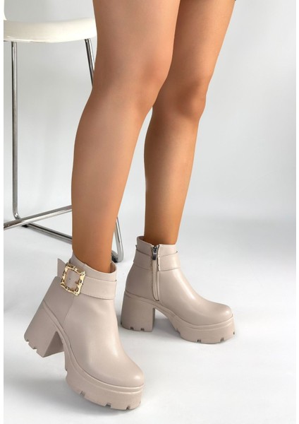 Yandan Fermuarlı Topuklu Bot Cilt Bej Topuk Boyu 7 cm modelleri