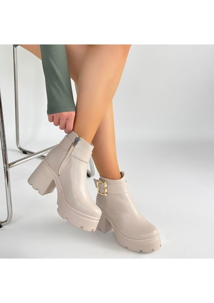 Yandan Fermuarlı Topuklu Bot Cilt Bej Topuk Boyu 7 cm fırsatları