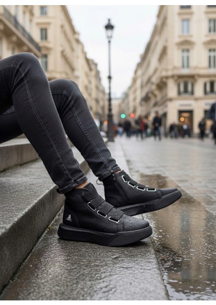 ET0142 Bantlı Erkek Yüksek Taban Siyah Tabanlı Spor Bot