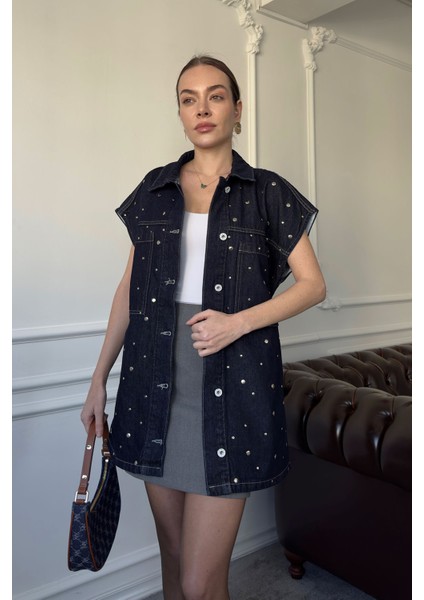 Işlemeli Yıkamalı Jean Yelek- Mavi