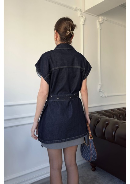 Işlemeli Yıkamalı Jean Yelek- Mavi