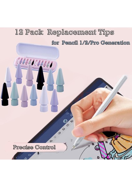 Apple Pencil 2./1. Nesil ve Apple Pencil Pro/usb-C Için iPad PRO/MINI/AIR/A16 10. 11. Nesil Dayanıklı Renkli 12 Adet Yedek Uçları ve Çantası fiyatları