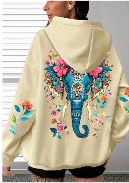 Büyük Beden Özel Tasarım Mavi Fil Sırt Baskılı Kapüşonlu %100 Pamuk Oversize Kadın Trend Sweatshırt