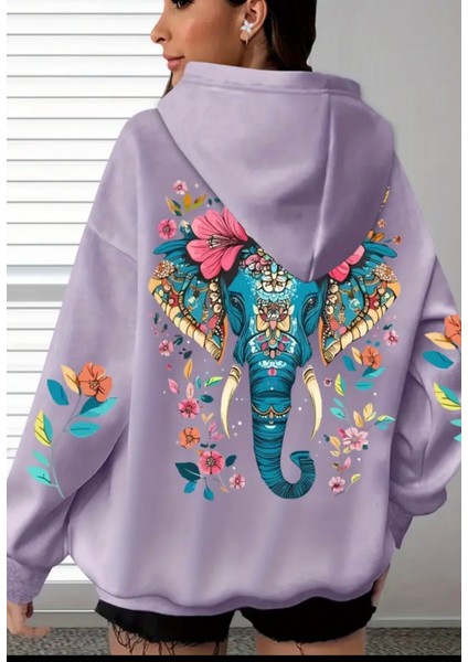 Büyük Beden Özel Tasarım Mavi Fil Sırt Baskılı Kapüşonlu %100 Pamuk Oversize Kadın Trend Sweatshırt