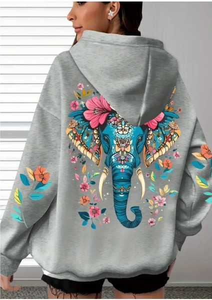 Büyük Beden Özel Tasarım Mavi Fil Sırt Baskılı Kapüşonlu %100 Pamuk Oversize Kadın Trend Sweatshırt