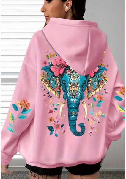 Büyük Beden Özel Tasarım Mavi Fil Sırt Baskılı Kapüşonlu %100 Pamuk Oversize Kadın Trend Sweatshırt