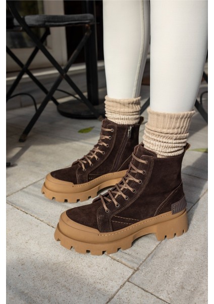 Teric Kadın Kahve Gercek Suet Kaymaz Kaucuk Taban Deri Bot fiyatları