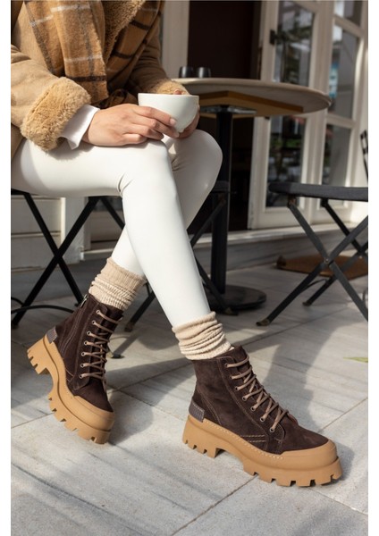 Teric Kadın Kahve Gercek Suet Kaymaz Kaucuk Taban Deri Bot indirimleri