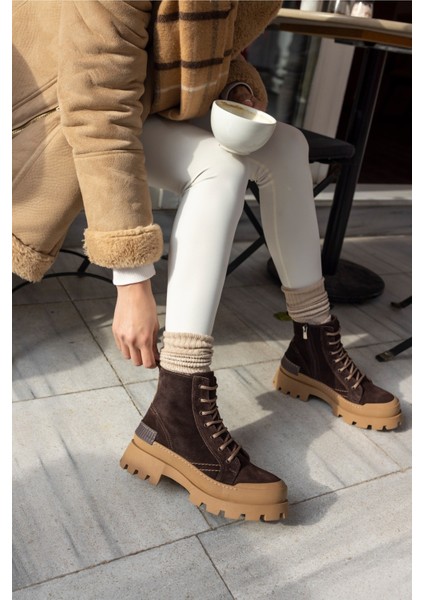 Teric Kadın Kahve Gercek Suet Kaymaz Kaucuk Taban Deri Bot