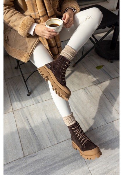 Teric Kadın Kahve Gercek Suet Kaymaz Kaucuk Taban Deri Bot