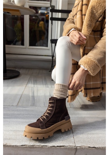 Teric Kadın Kahve Gercek Suet Kaymaz Kaucuk Taban Deri Bot
