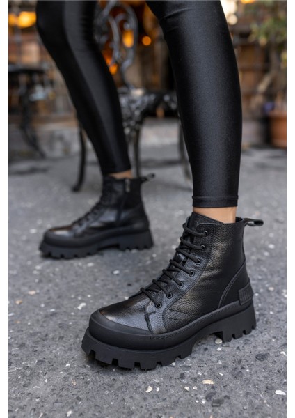 Teric Kadın Siyah Gercek Deri Bot
