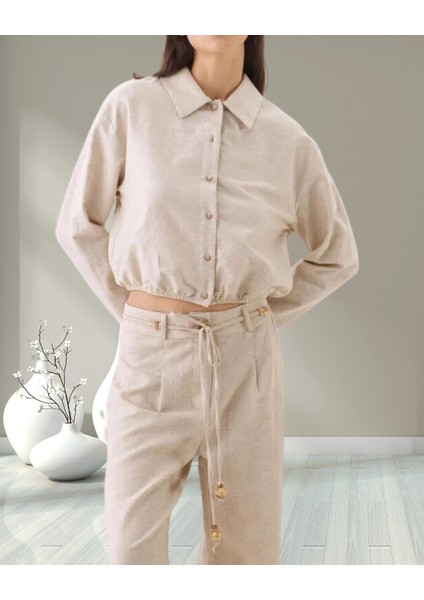 Minervaxint Kadın Naturel Oversize Düğme Kapamalı Pamuk Keten Karışımlı Gömlek